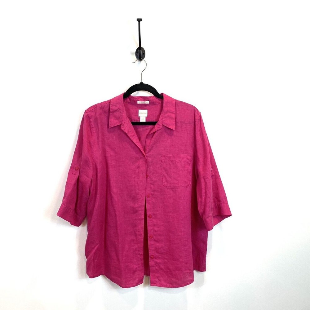 Womens Chicos 3 XL No-Iron Pink Linen Button Down Shirt